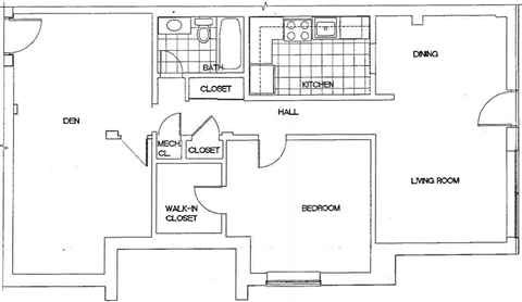 A floor plan of a house with a den, dining room, kitchen, living room, two closets, a bathroom, and a bedroom.